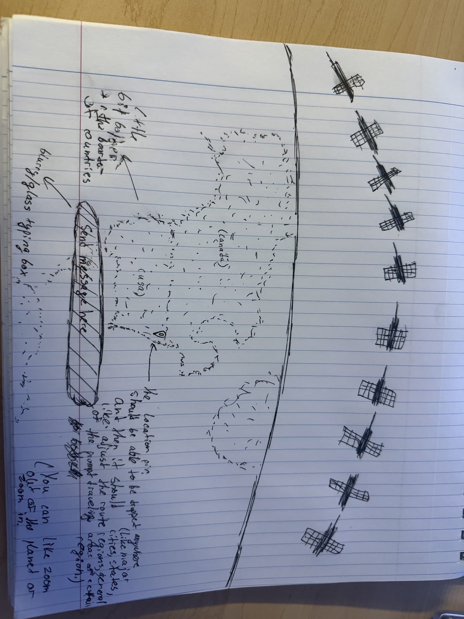 A handwritten sketch of a globe, a glass message box, a location pin, and satellites.